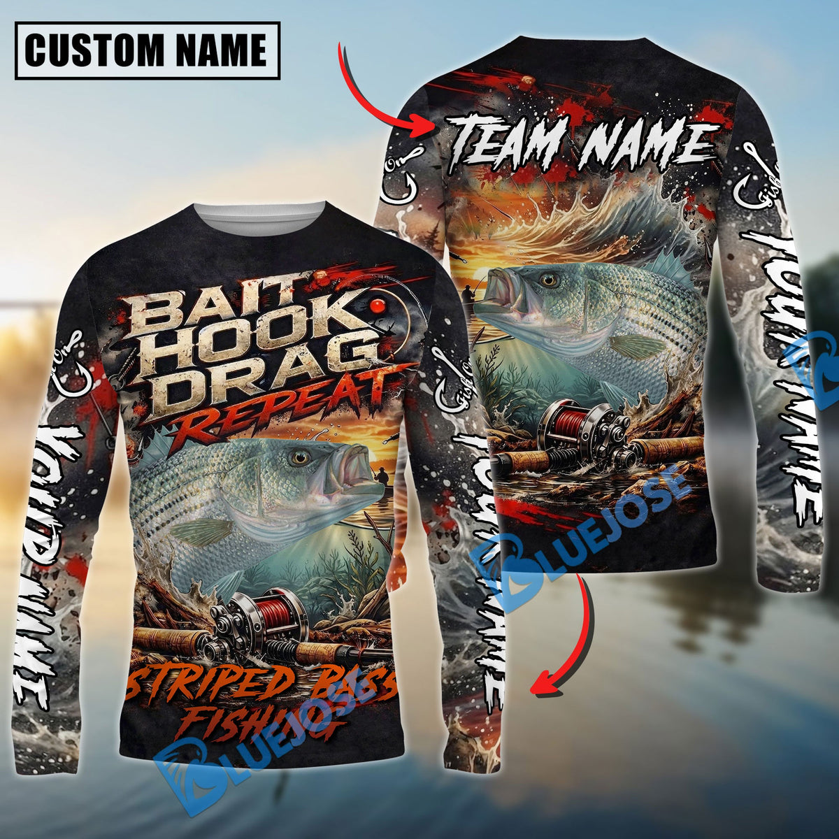 Bluejose Striped Bass Fishing Bait Hook Drag Repeat Custom Name &amp; Team Name 3D Shirts