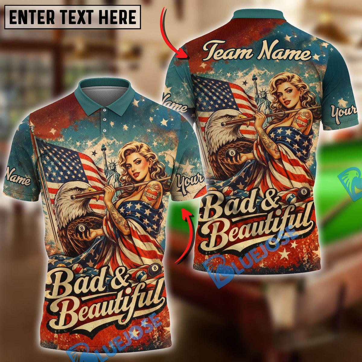 BlueJose Billiards 8 Ball American Flag Vintage "Bad &amp; Beautiful" Patriotic Personalized Shirt