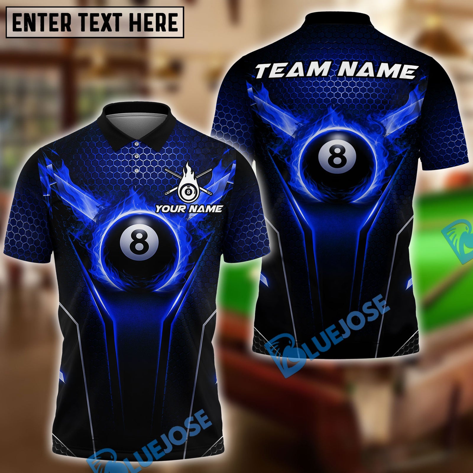 BlueJose Billiards Ball 8 Honeycomb Heat Personalized Name Shirt (4 Colors)