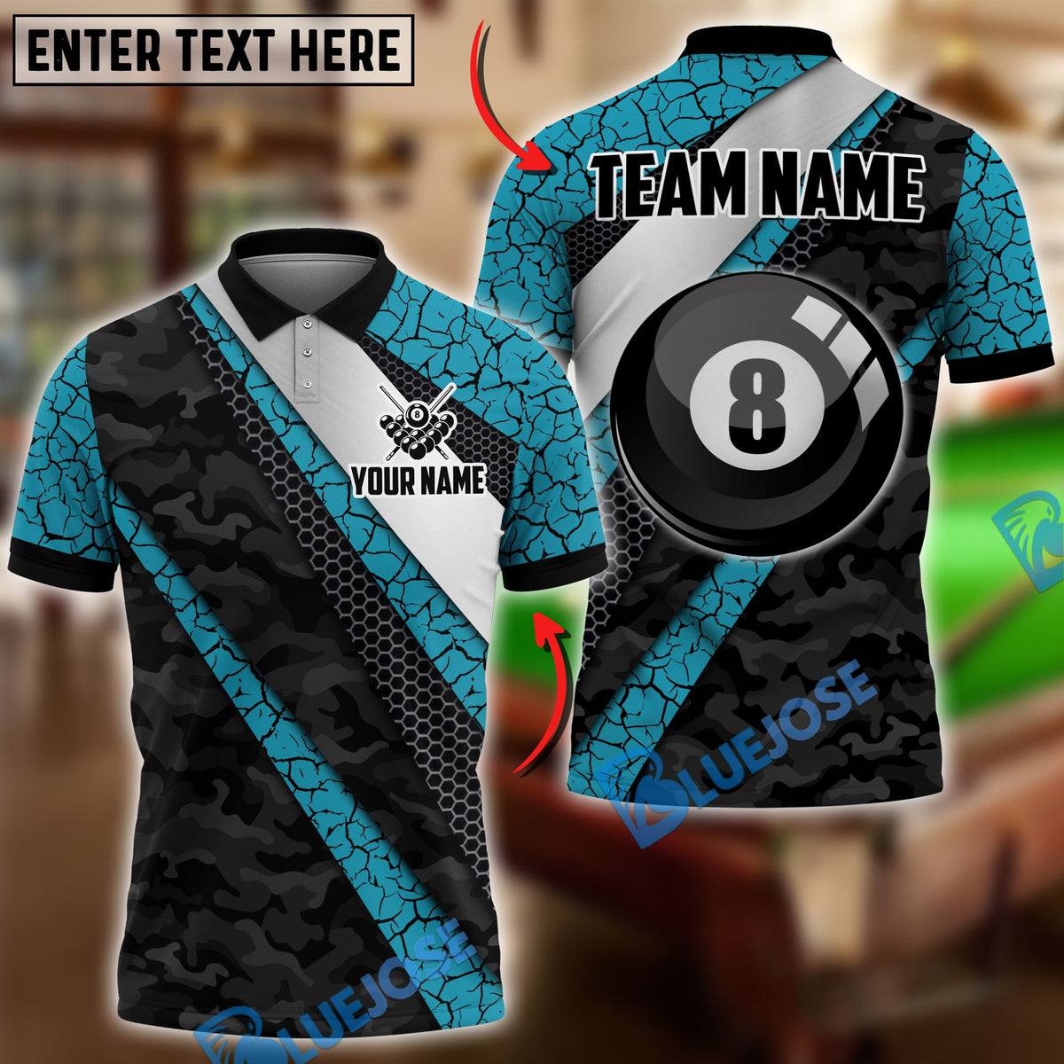 BlueJose Billiards Ball 8 Cyber Camo Carbon Fiber Personalized Name Shirt (4 Colors)