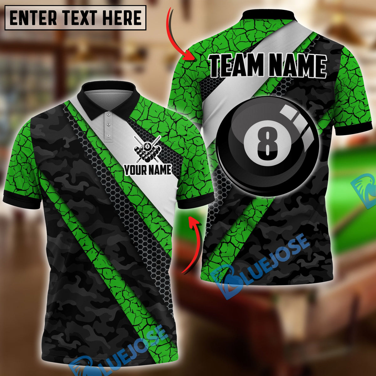 BlueJose Billiards Ball 8 Cyber Camo Carbon Fiber Personalized Name Shirt (4 Colors)