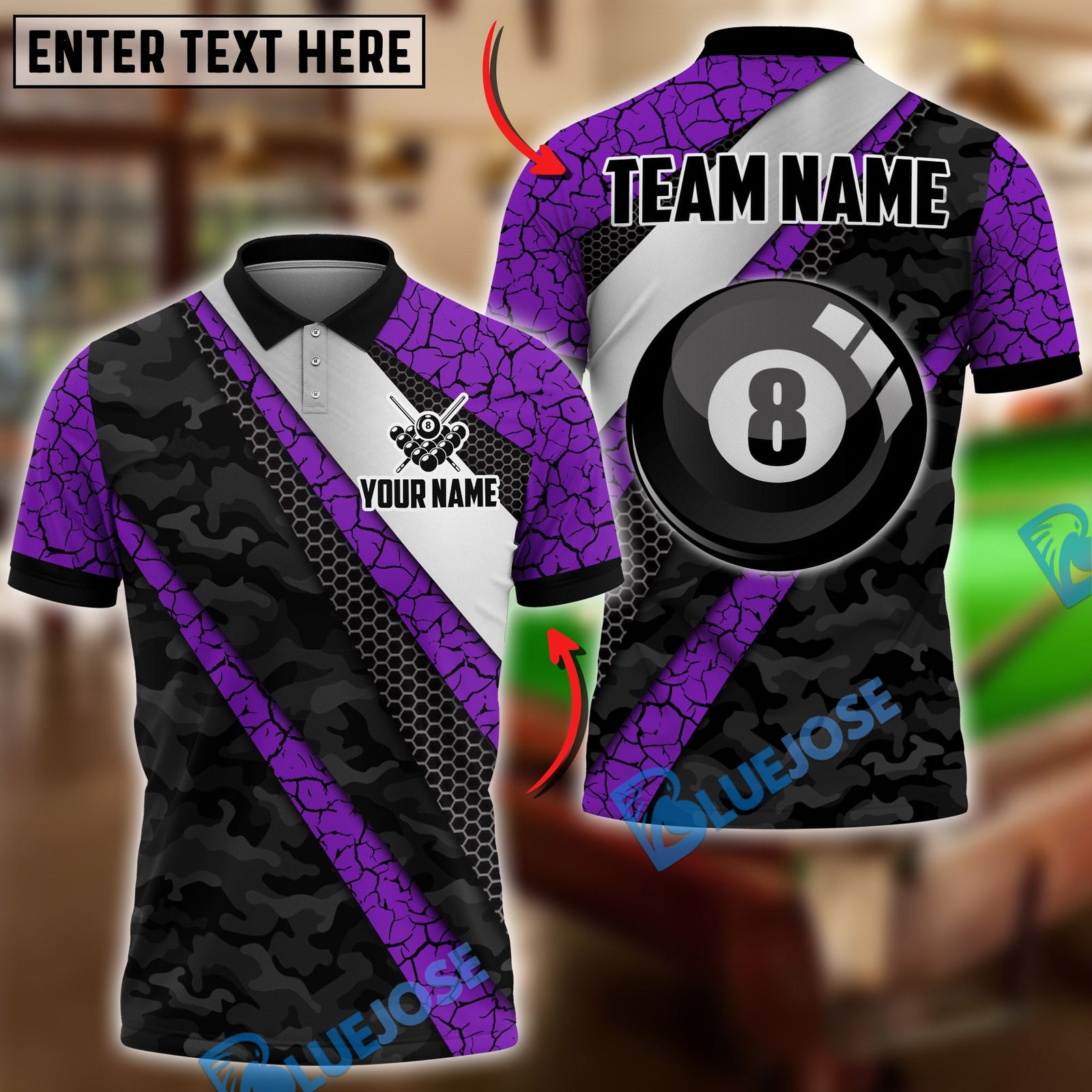 BlueJose Billiards Ball 8 Cyber Camo Carbon Fiber Personalized Name Shirt (4 Colors)