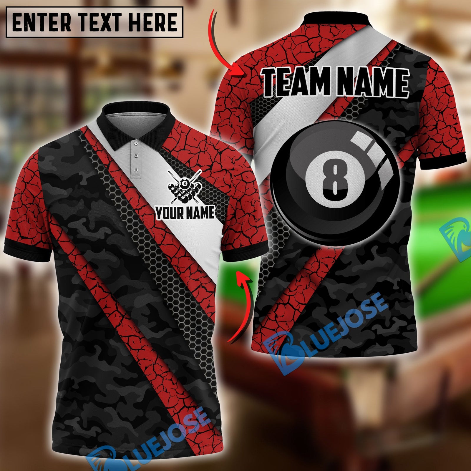 BlueJose Billiards Ball 8 Cyber Camo Carbon Fiber Personalized Name Shirt (4 Colors)