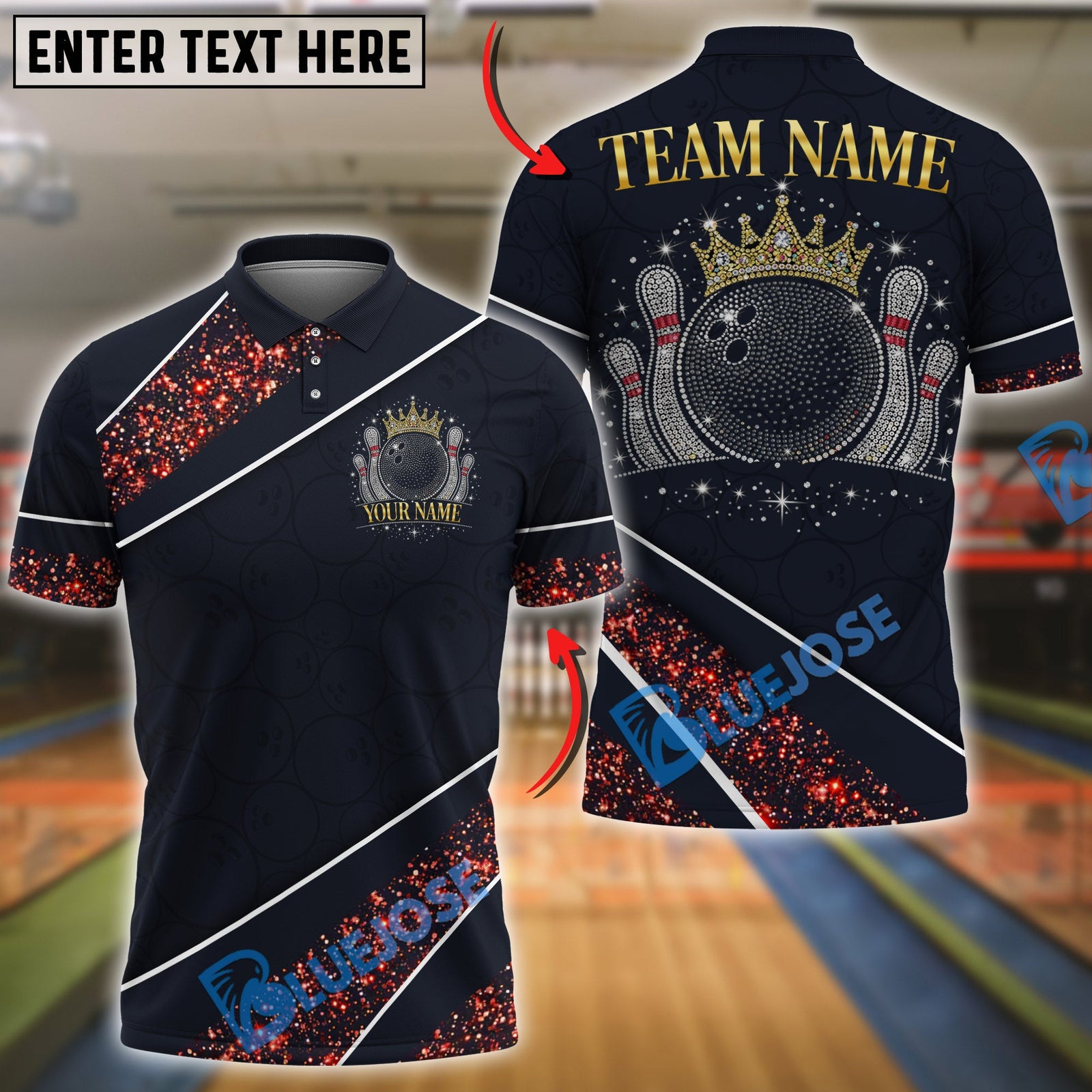 BlueJose Bowling And Pins Glitter Sparkling Crown Customized Name, Team Name 3D Shirt (6 Colors)