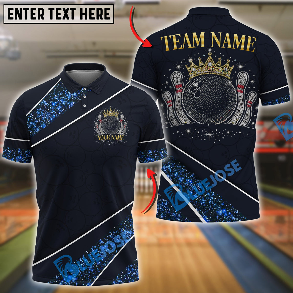 BlueJose Bowling And Pins Glitter Sparkling Crown Customized Name, Team Name 3D Shirt (6 Colors)