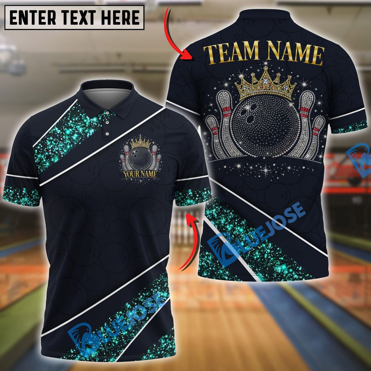 BlueJose Bowling And Pins Glitter Sparkling Crown Customized Name, Team Name 3D Shirt (6 Colors)