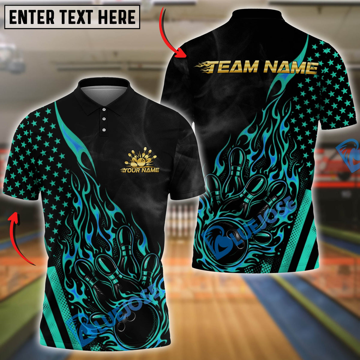 BlueJose Bowling And Pins American Flag Hot Streak Customized Name, Team Name 3D Shirt (4 Colors)
