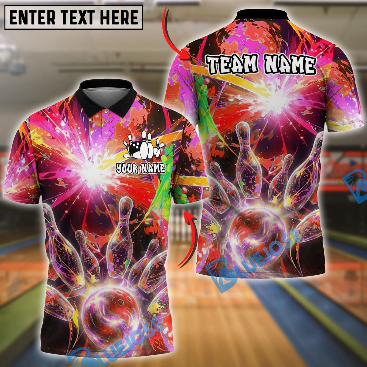 BlueJose Bowling And Pins Vibrant Nebula Customized Name, Team Name 3D Shirt (4 Colors)
