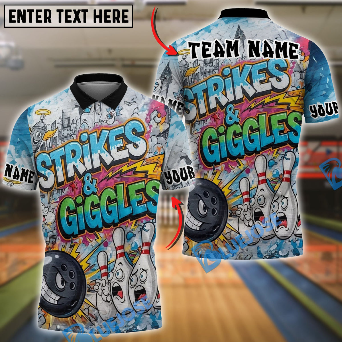 BlueJose Bowling And Pins Funny Strikes &amp; Giggles Customized Name, Team Name 3D Shirt (4 Colors)