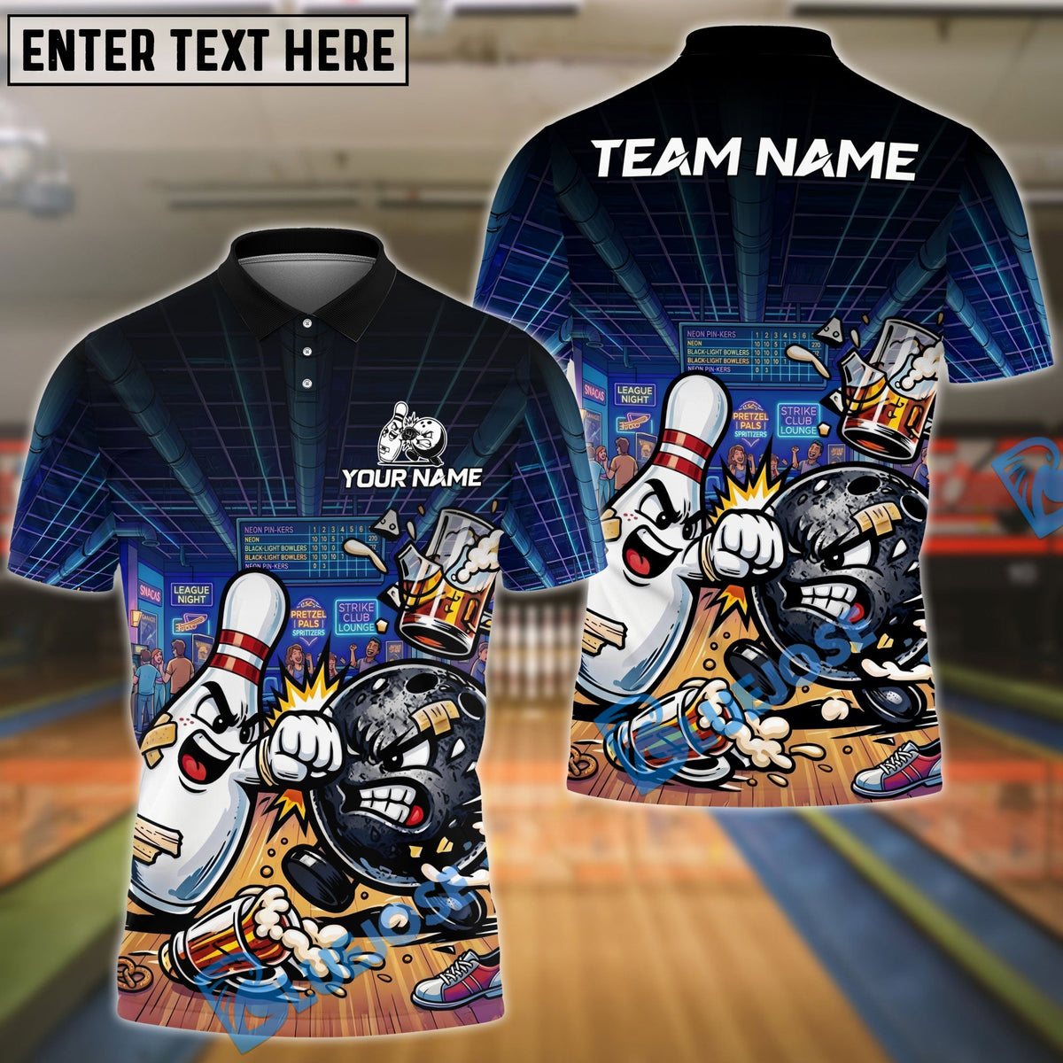 BlueJose Bowling And Pins Funny Beer Drunken Fighting Customized Name, Team Name 3D Shirt (4 Colors)