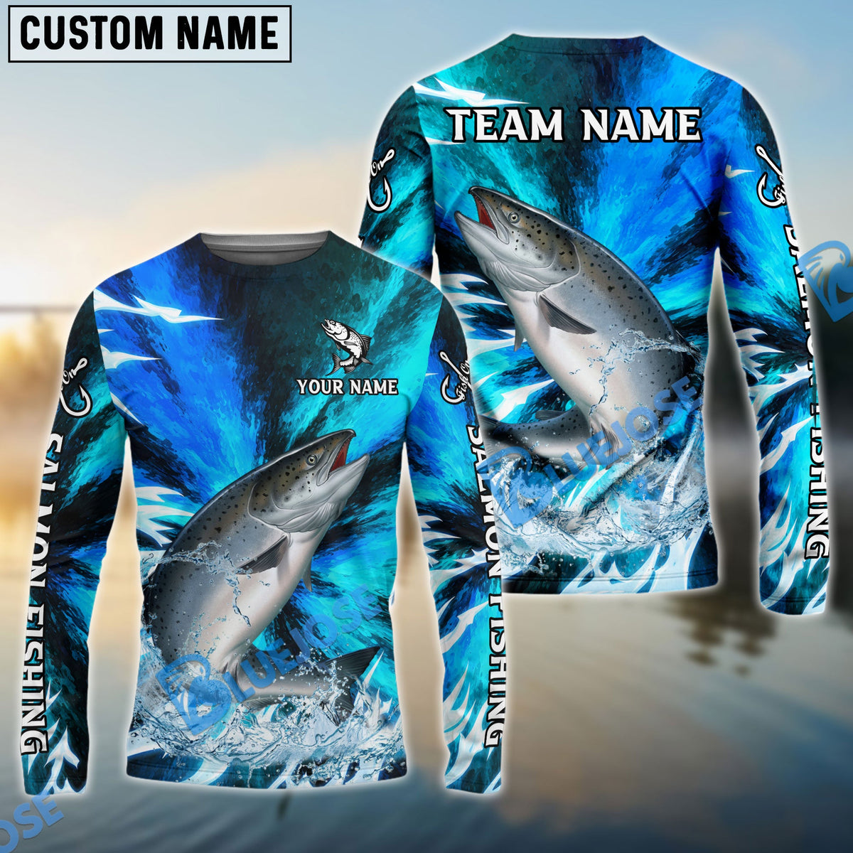 Bluejose Salmon Fishing Sharp Strike Custom Name &amp; Team Name 3D Shirts
