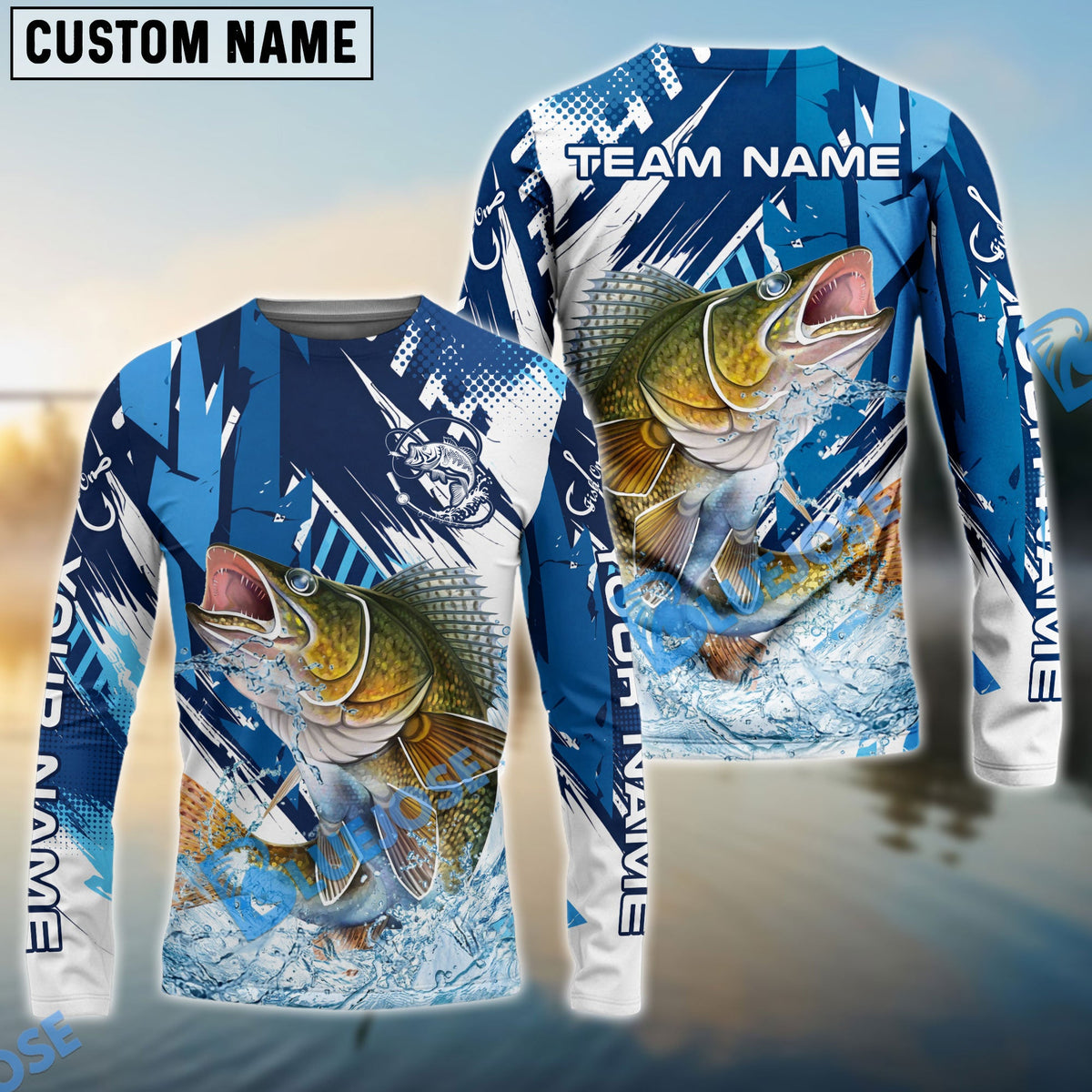 Bluejose Walleye Fishing Technical Fish Scale Custom Name &amp; Team Name 3D Shirts