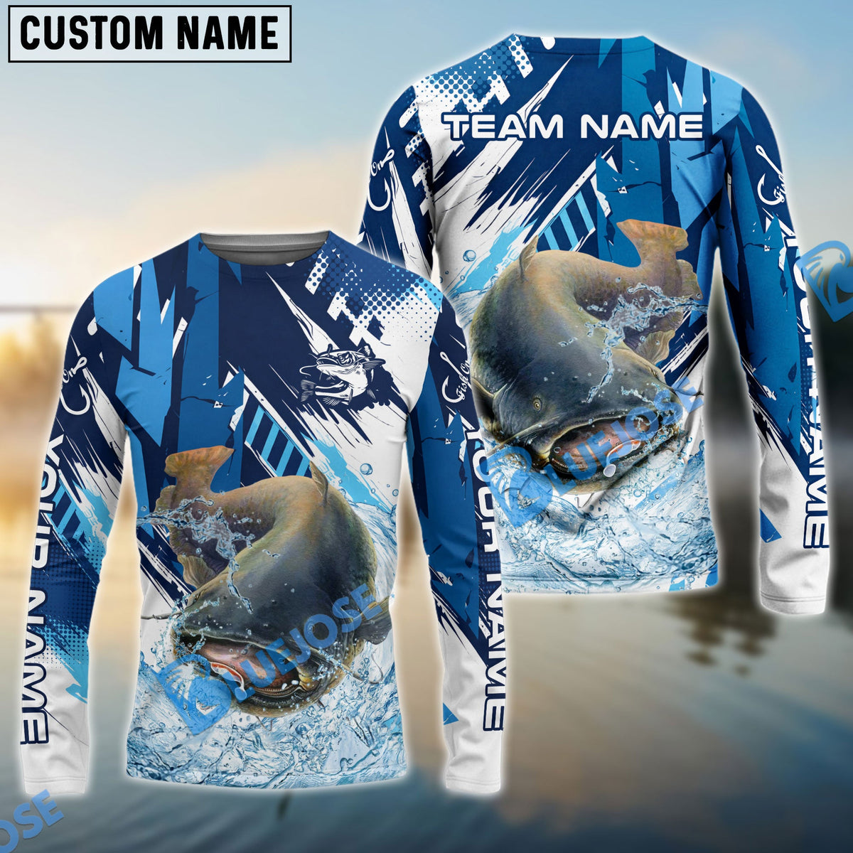 Bluejose Catfish Fishing Technical Fish Scale Custom Name &amp; Team Name 3D Shirts
