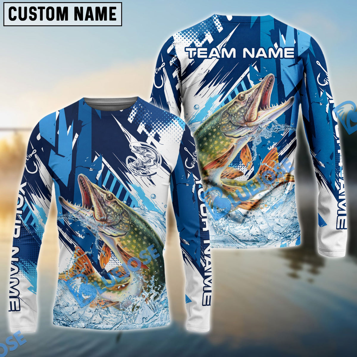 Bluejose Pike Fishing Technical Fish Scale Custom Name &amp; Team Name 3D Shirts