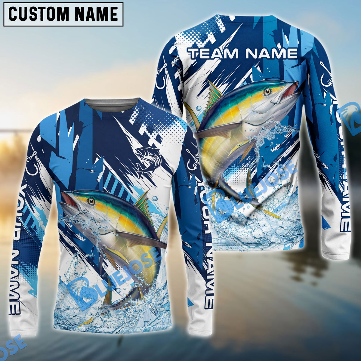Bluejose Tuna Fishing Technical Fish Scale Custom Name &amp; Team Name 3D Shirts
