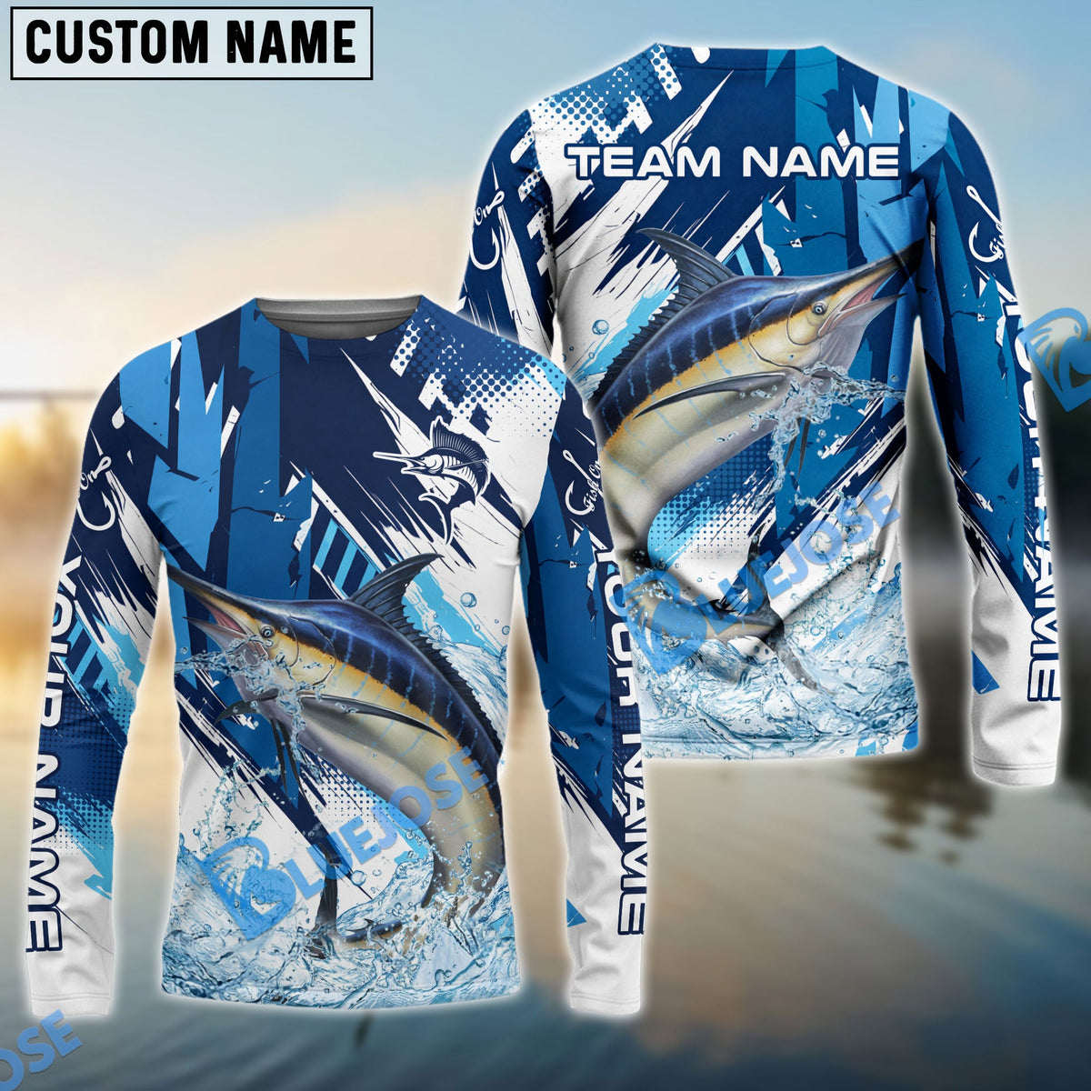Bluejose Marlin Fishing Technical Fish Scale Custom Name &amp; Team Name 3D Shirts
