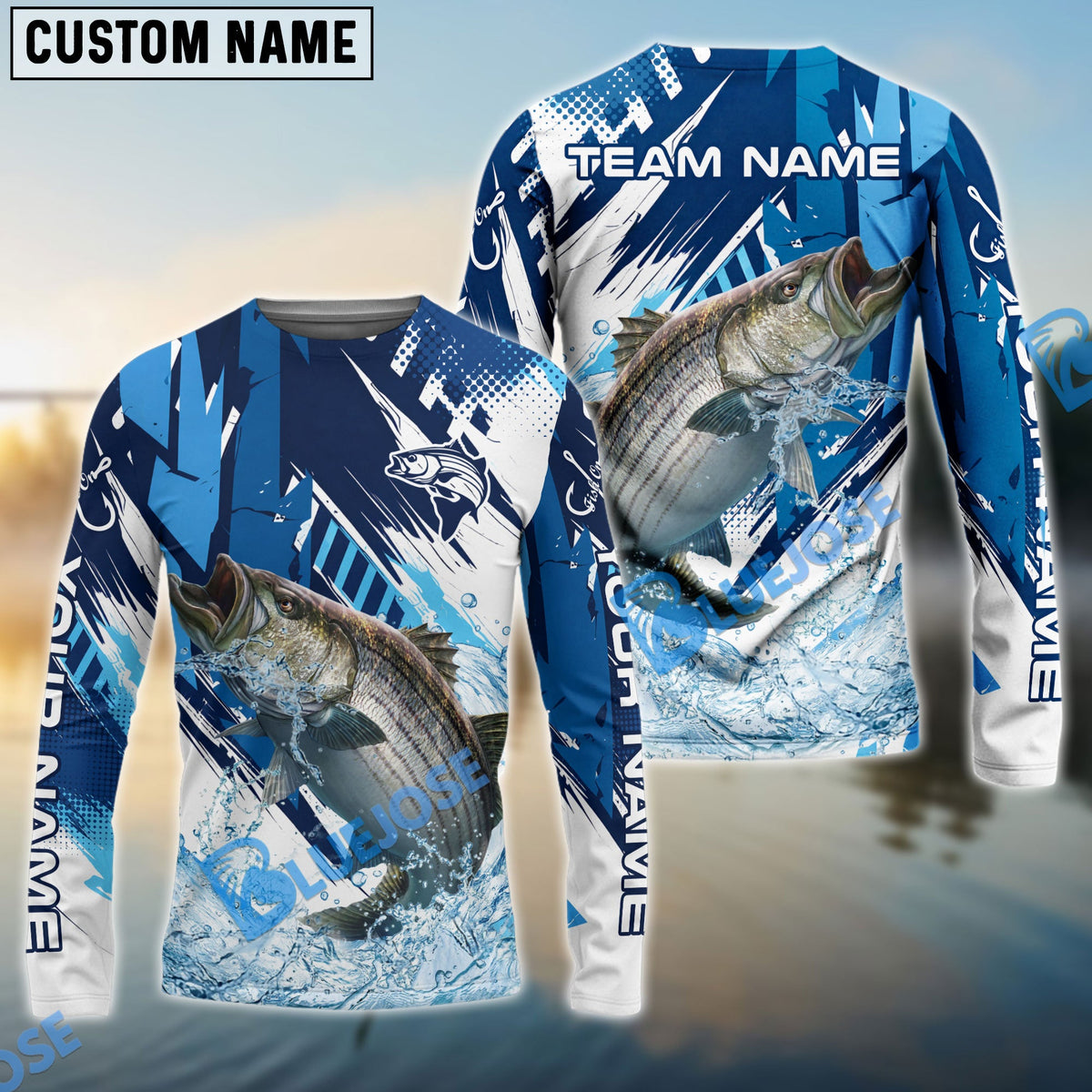 Bluejose Striped Bass Fishing Technical Fish Scale Custom Name &amp; Team Name 3D Shirts