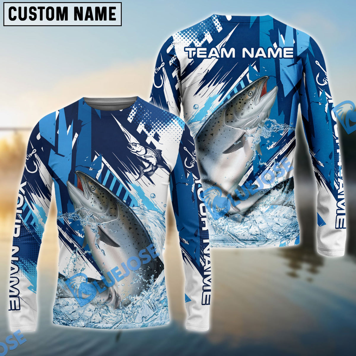 Bluejose Salmon Fishing Technical Fish Scale Custom Name &amp; Team Name 3D Shirts