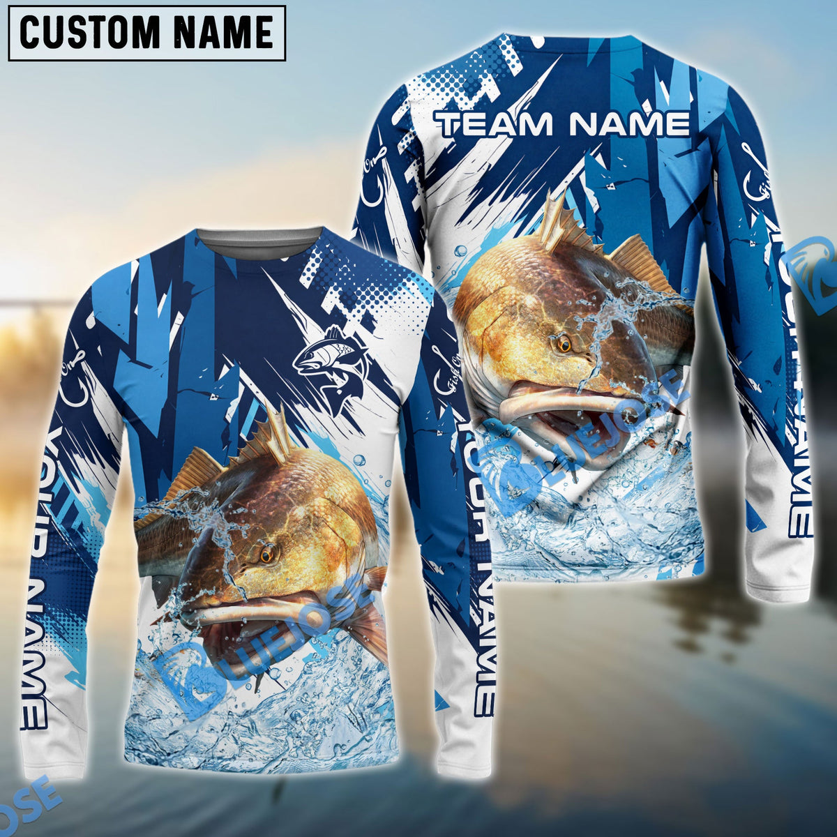 Bluejose Redfish Fishing Technical Fish Scale Custom Name &amp; Team Name 3D Shirts