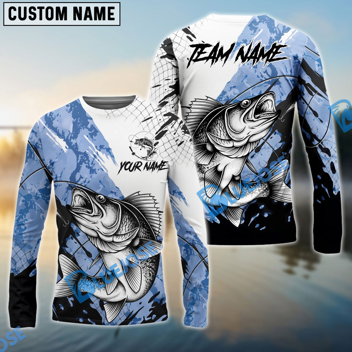 Bluejose Walleye Fishing Blue White Long Jumping Splash Water Graphic Custom Name &amp; Team Name 3D Shirts
