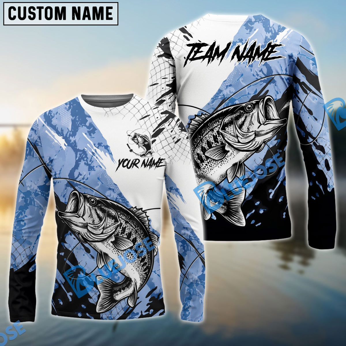 Bluejose Bass Fishing Blue White Long Jumping Splash Water Graphic Custom Name &amp; Team Name 3D Shirts