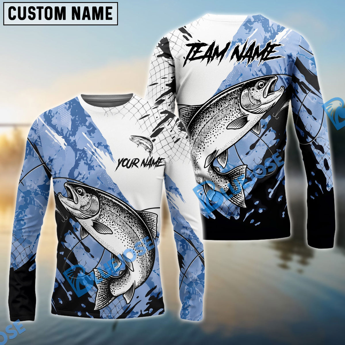 Bluejose Trout Fishing Blue White Long Jumping Splash Water Graphic Custom Name &amp; Team Name 3D Shirts
