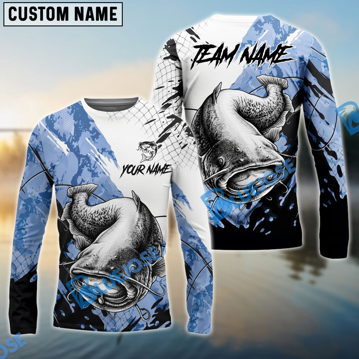 Bluejose Catfish Fishing Blue White Long Jumping Splash Water Graphic Custom Name &amp; Team Name 3D Shirts