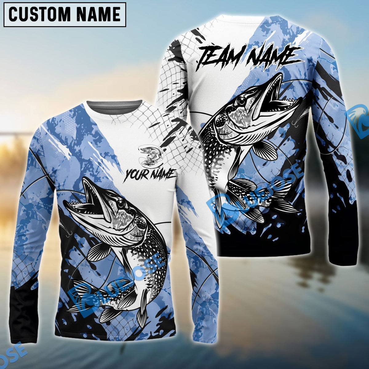Bluejose Pike Fishing Blue White Long Jumping Splash Water Graphic Custom Name &amp; Team Name 3D Shirts