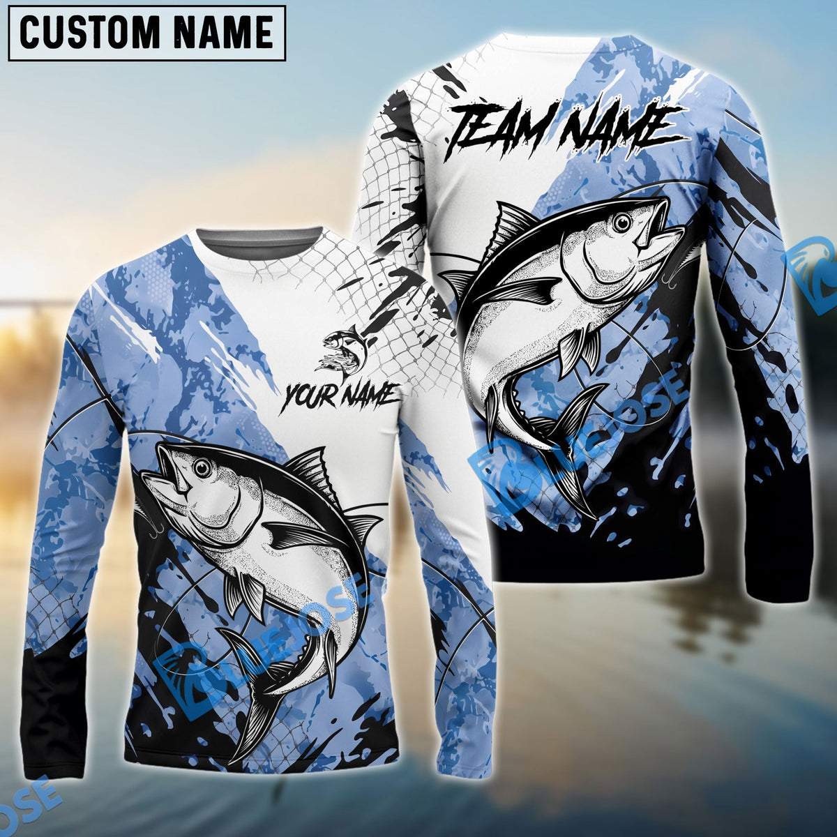 Bluejose Tuna Fishing Blue White Long Jumping Splash Water Graphic Custom Name &amp; Team Name 3D Shirts