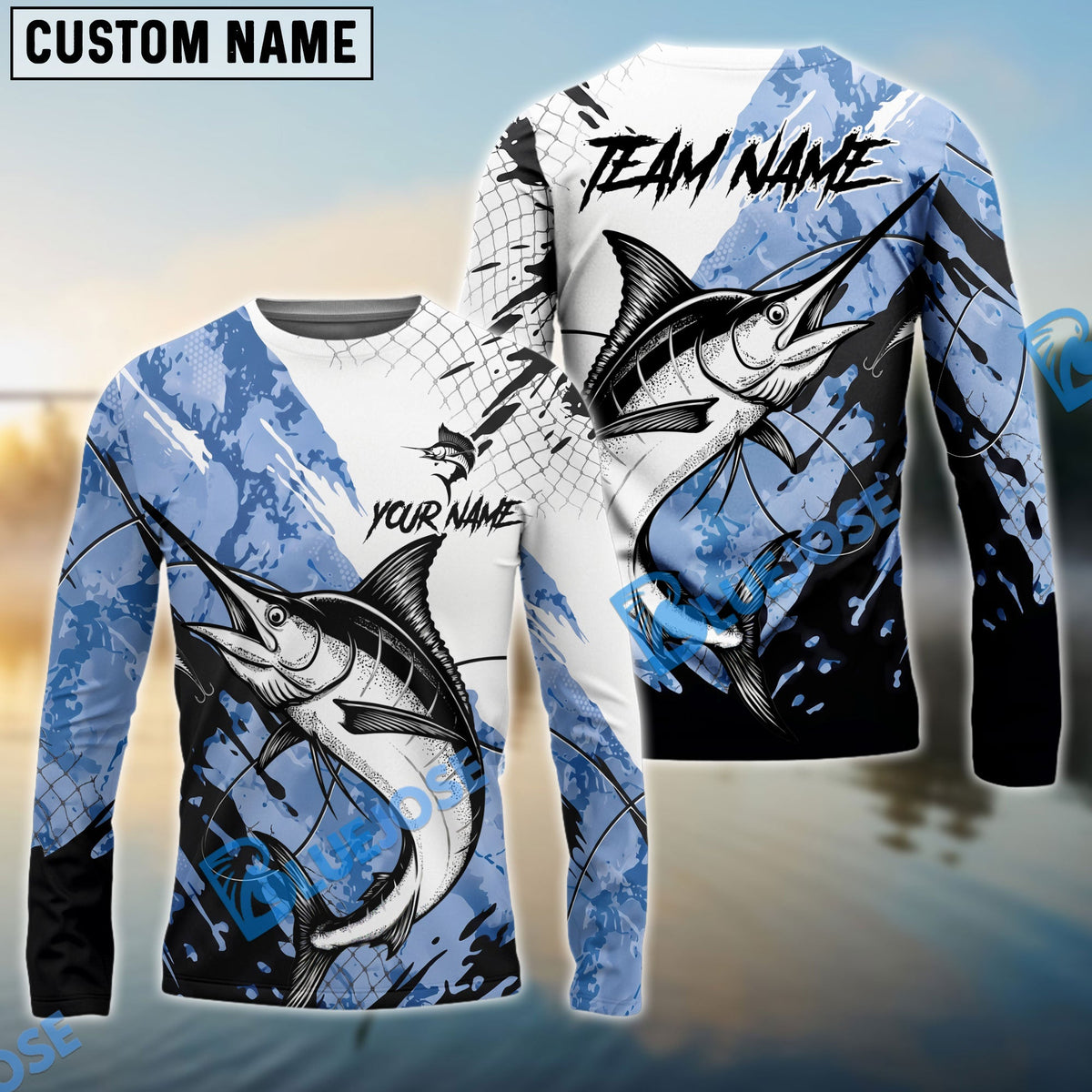 Bluejose Marlin Fishing Blue White Long Jumping Splash Water Graphic Custom Name &amp; Team Name 3D Shirts