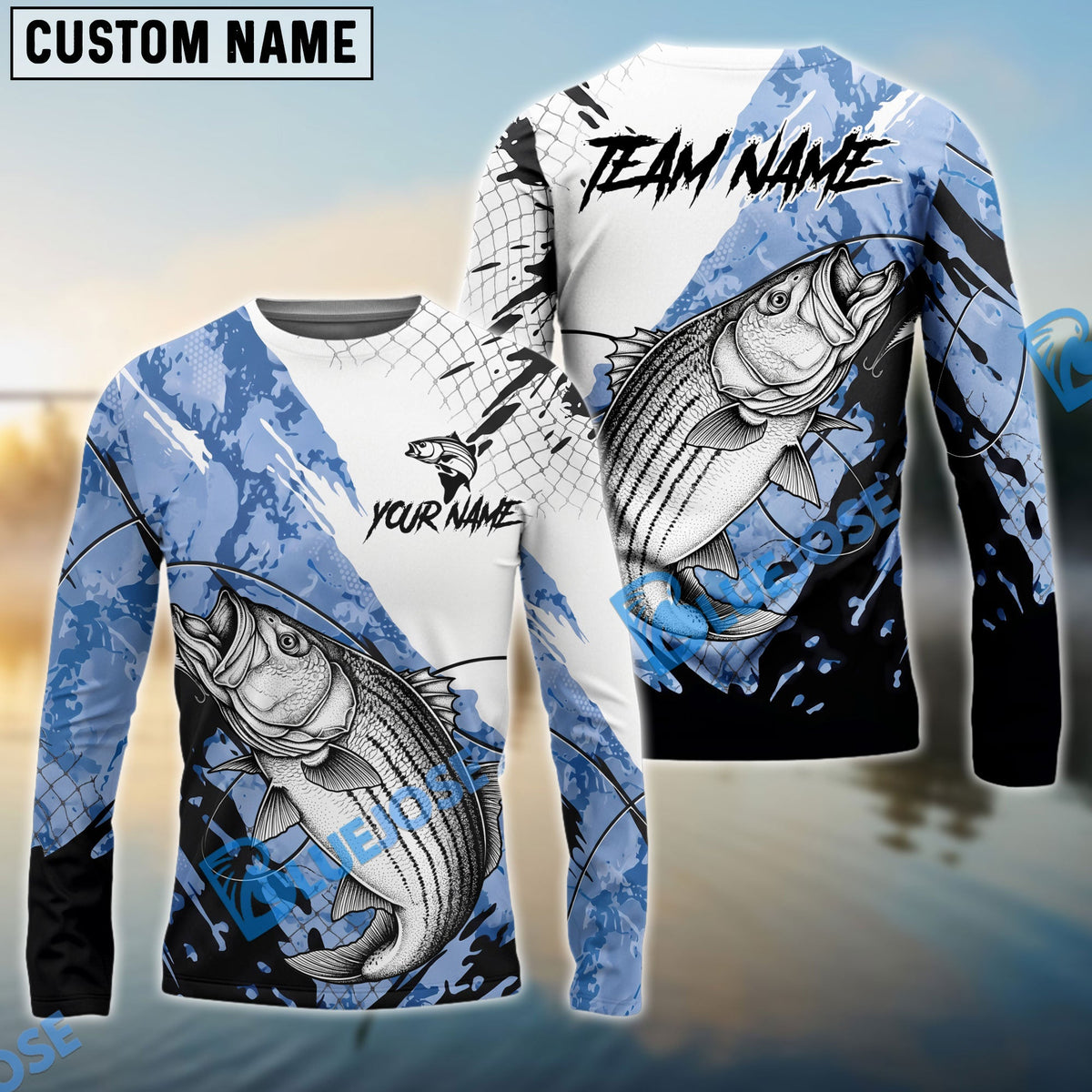 Bluejose Striped Bass Fishing Blue White Long Jumping Splash Water Graphic Custom Name &amp; Team Name 3D Shirts