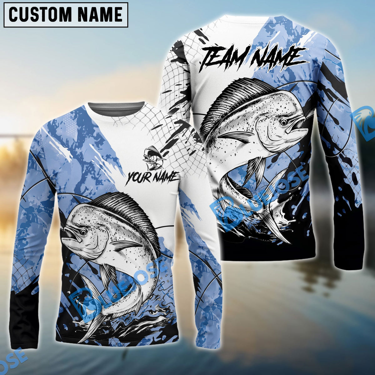 Bluejose Mahi-mahi Fishing Blue White Long Jumping Splash Water Graphic Custom Name &amp; Team Name 3D Shirts