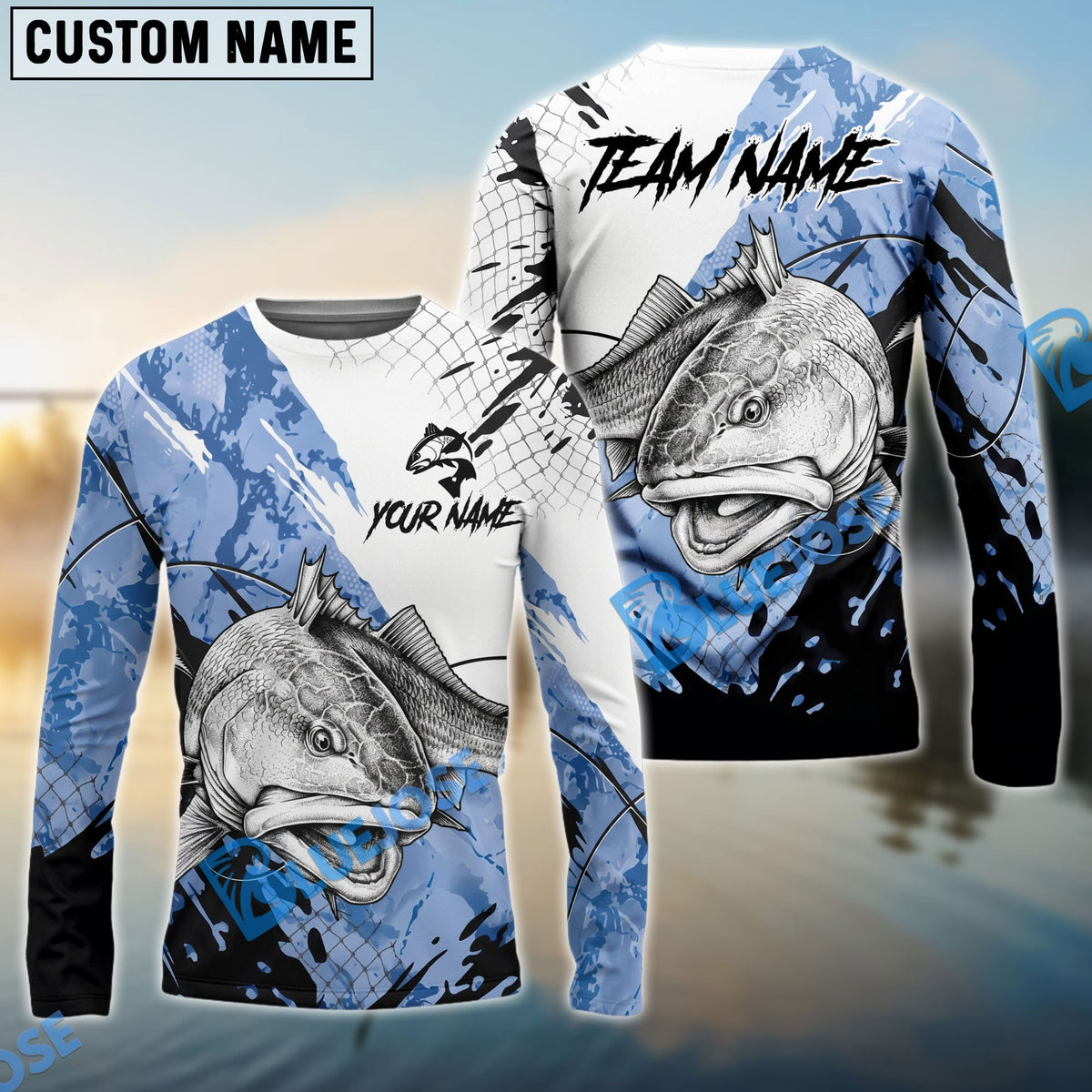 Bluejose Redfish Fishing Blue White Long Jumping Splash Water Graphic Custom Name &amp; Team Name 3D Shirts