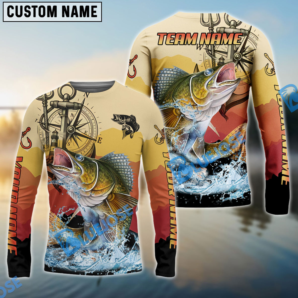 Bluejose Walleye Fishing Sunset Compass Custom Name &amp; Team Name 3D Shirts