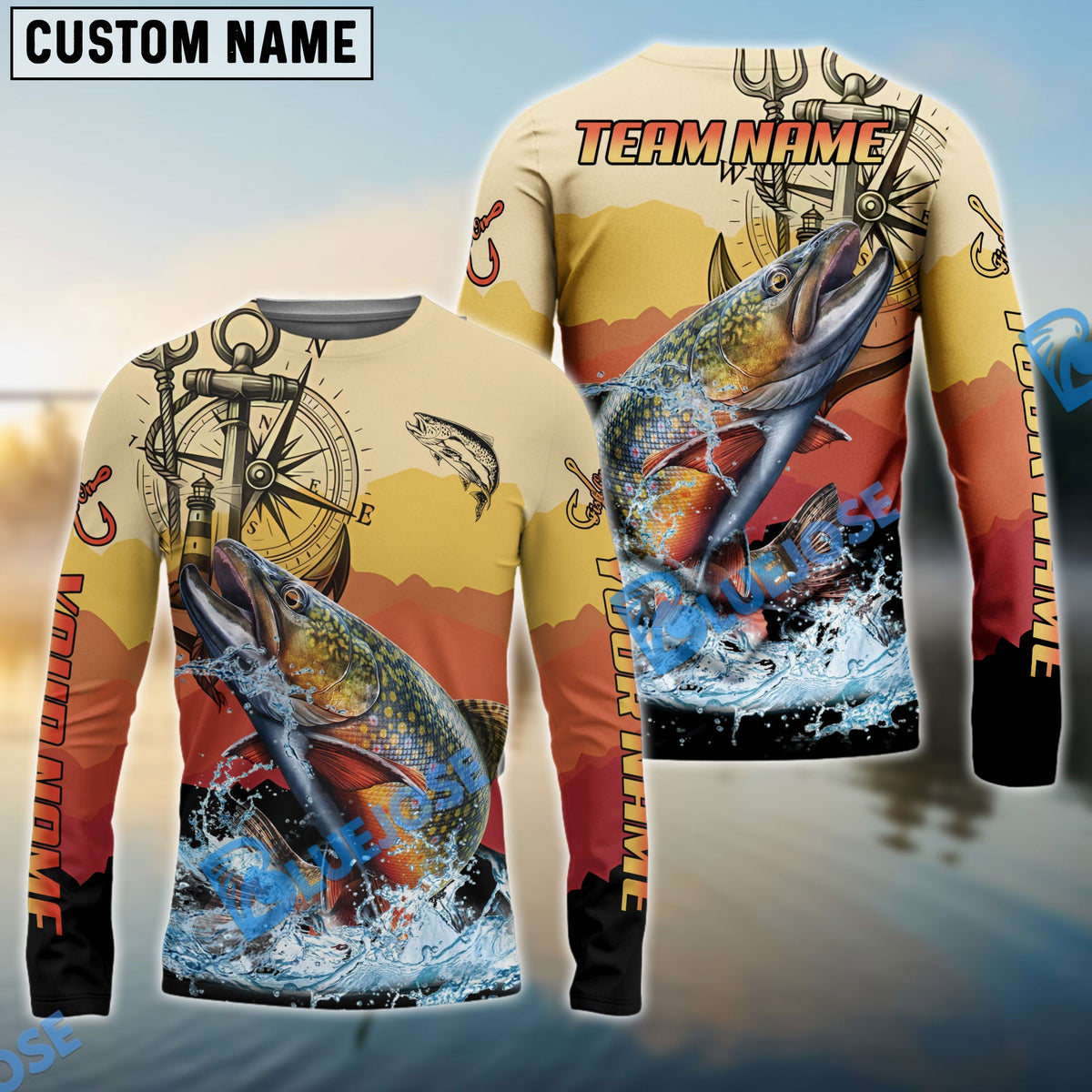 Bluejose Trout Fishing Sunset Compass Custom Name &amp; Team Name 3D Shirts