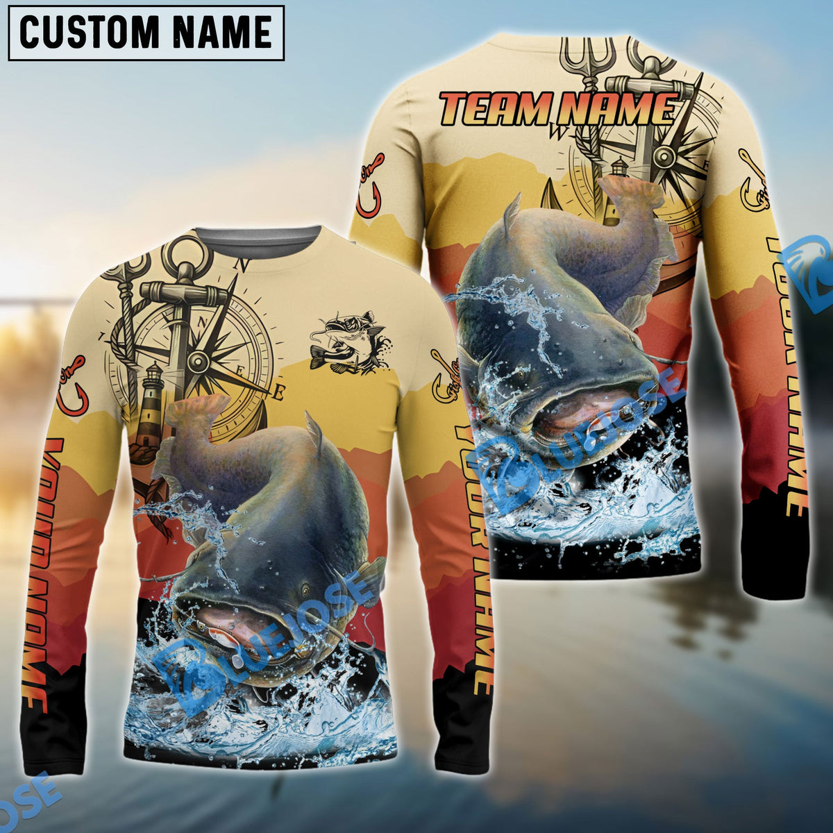 Bluejose Catfish Fishing Sunset Compass Custom Name &amp; Team Name 3D Shirts