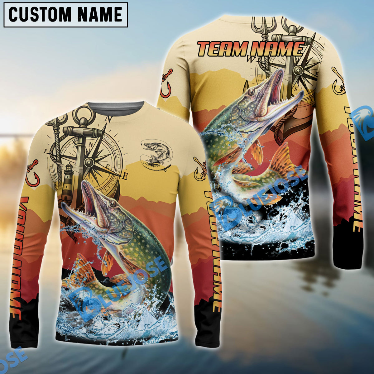 Bluejose Pike Fishing Sunset Compass Custom Name &amp; Team Name 3D Shirts