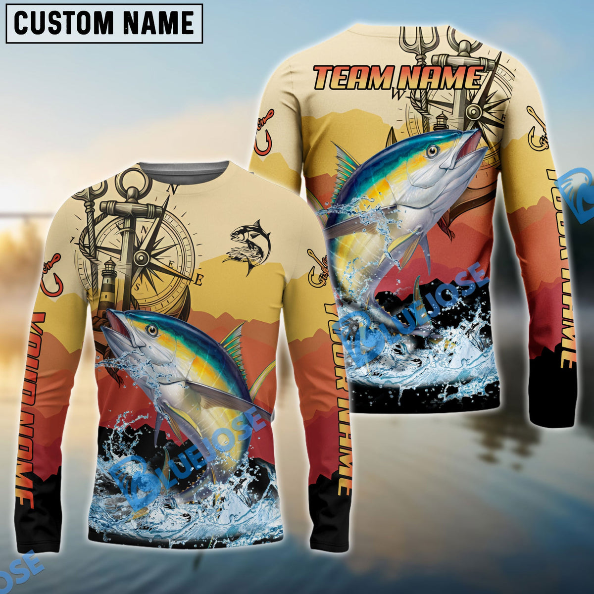 Bluejose Tuna Fishing Sunset Compass Custom Name &amp; Team Name 3D Shirts