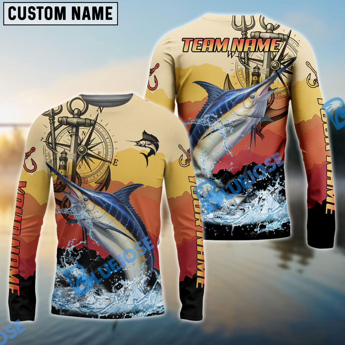 Bluejose Marlin Fishing Sunset Compass Custom Name &amp; Team Name 3D Shirts