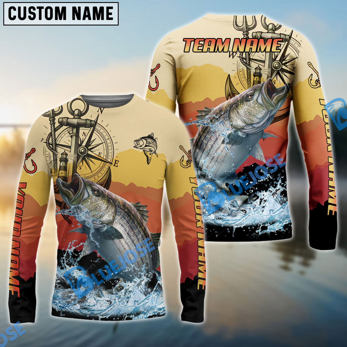 Bluejose Striped Bass Fishing Sunset Compass Custom Name &amp; Team Name 3D Shirts