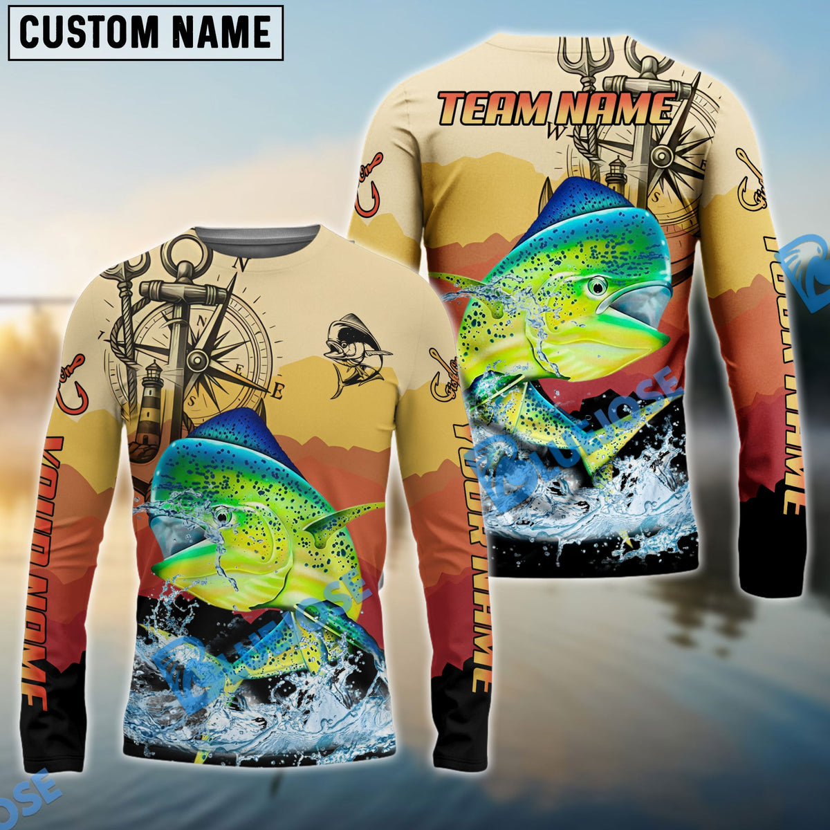 Bluejose Mahi-Mahi Fishing Sunset Compass Custom Name &amp; Team Name 3D Shirts