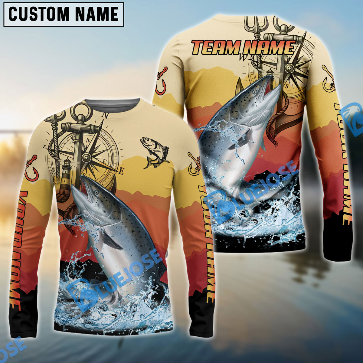 Bluejose Salmon Fishing Sunset Compass Custom Name &amp; Team Name 3D Shirts