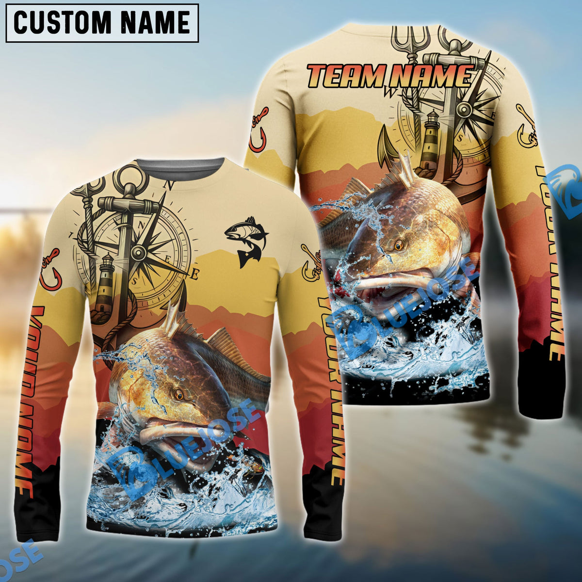 Bluejose Redfish Fishing Sunset Compass Custom Name &amp; Team Name 3D Shirts