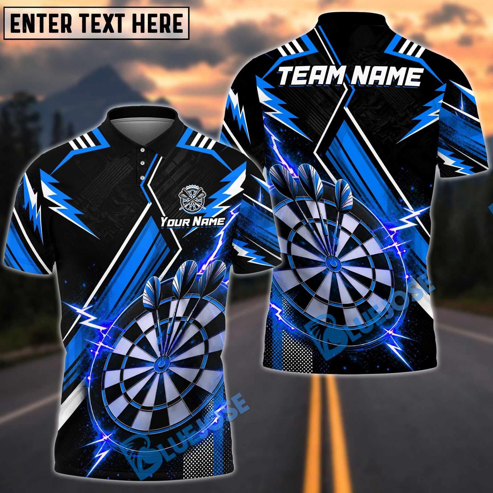 BlueJose Darts Thunder Sport Theme Personalized Name, Team Name Unisex Shirt (4 Colors)