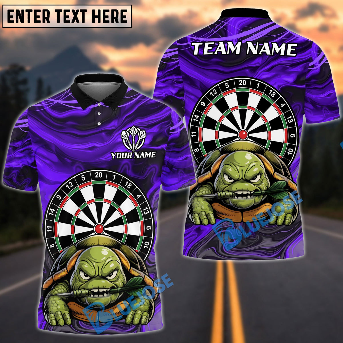 BlueJose Darts Grumpy Turtle Personalized Name, Team Name Unisex Shirt (4 Colors)