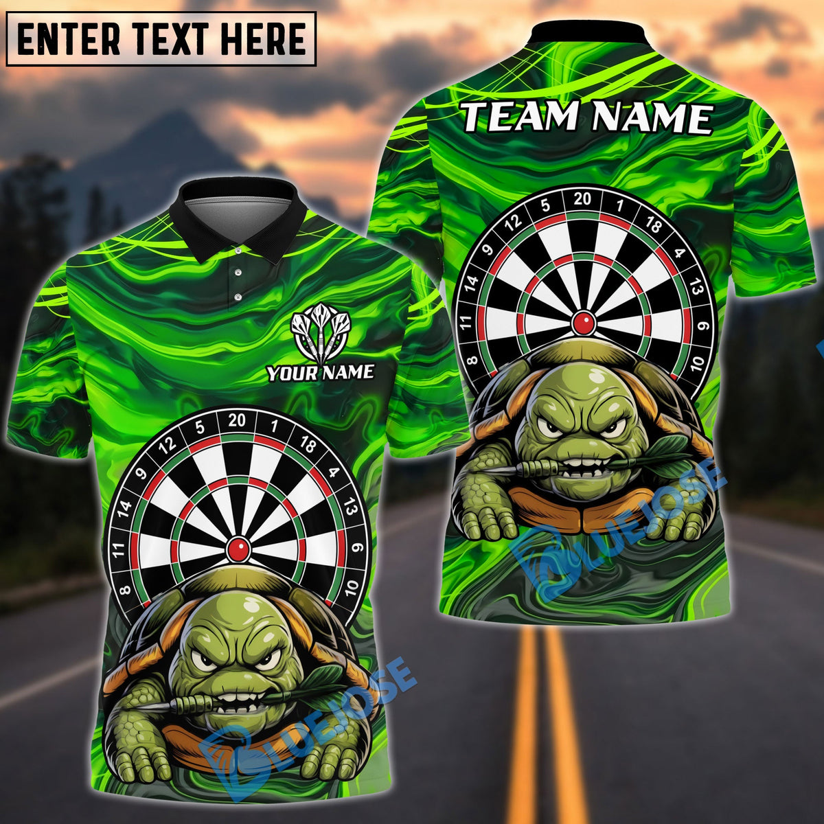 BlueJose Darts Grumpy Turtle Personalized Name, Team Name Unisex Shirt (4 Colors)