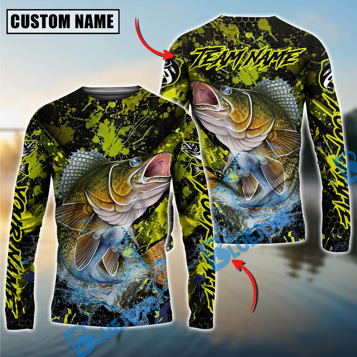 Bluejose Walleye Fishing Neon Splash Custom Name &amp; Team Name 3D Shirts