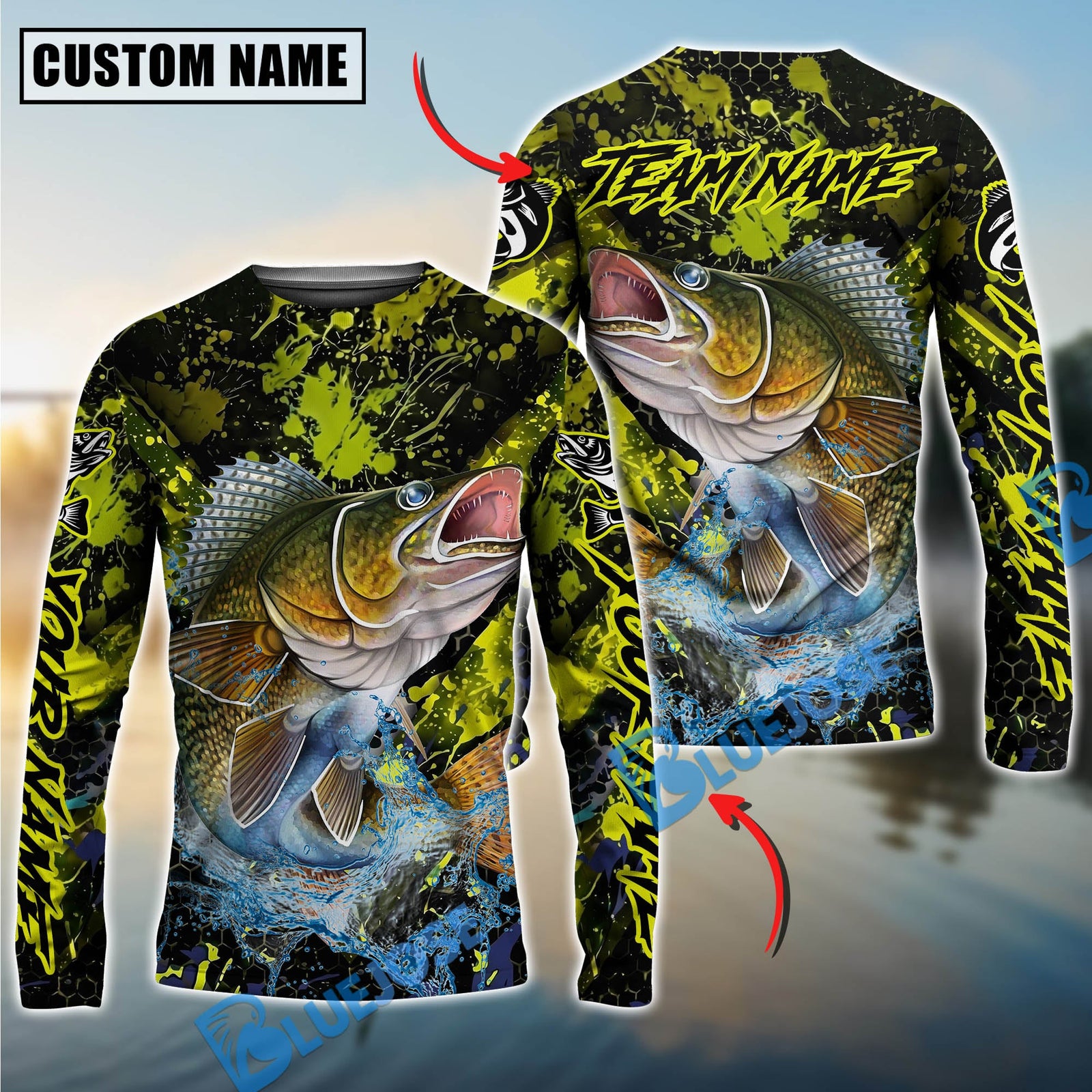 Bluejose Walleye Fishing Neon Splash Custom Name & Team Name 3D Shirts