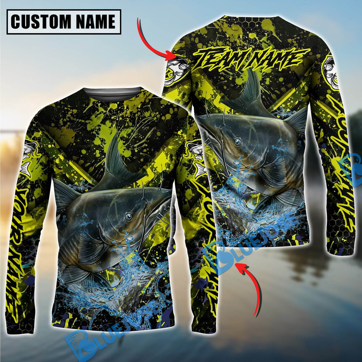 Bluejose Catfish Fishing Neon Splash Custom Name &amp; Team Name 3D Shirts