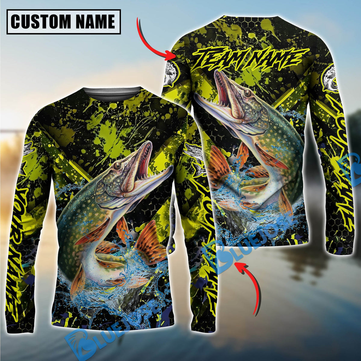 Bluejose Pike Fishing Neon Splash Custom Name &amp; Team Name 3D Shirts